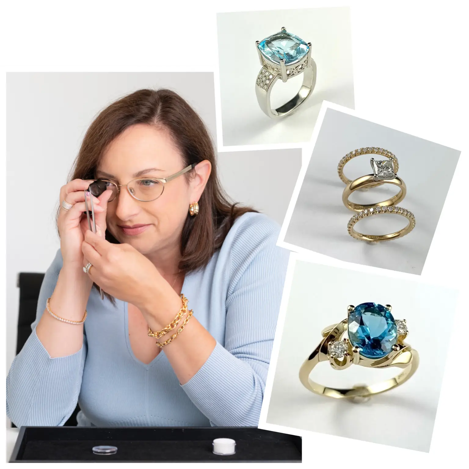 Trish Arato examining jewellery through a loupe