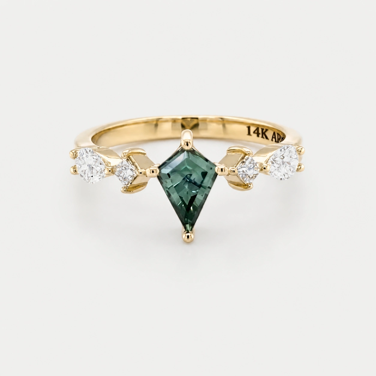 14K Yellow Gold Kite-Shaped Green Sapphire and 0.54ct Diamond Ring