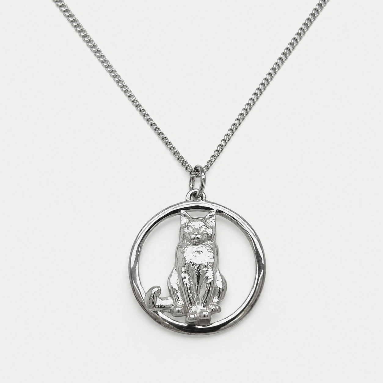 Sterling Silver Large Cat Pendant with 18″ Curb Link Chain