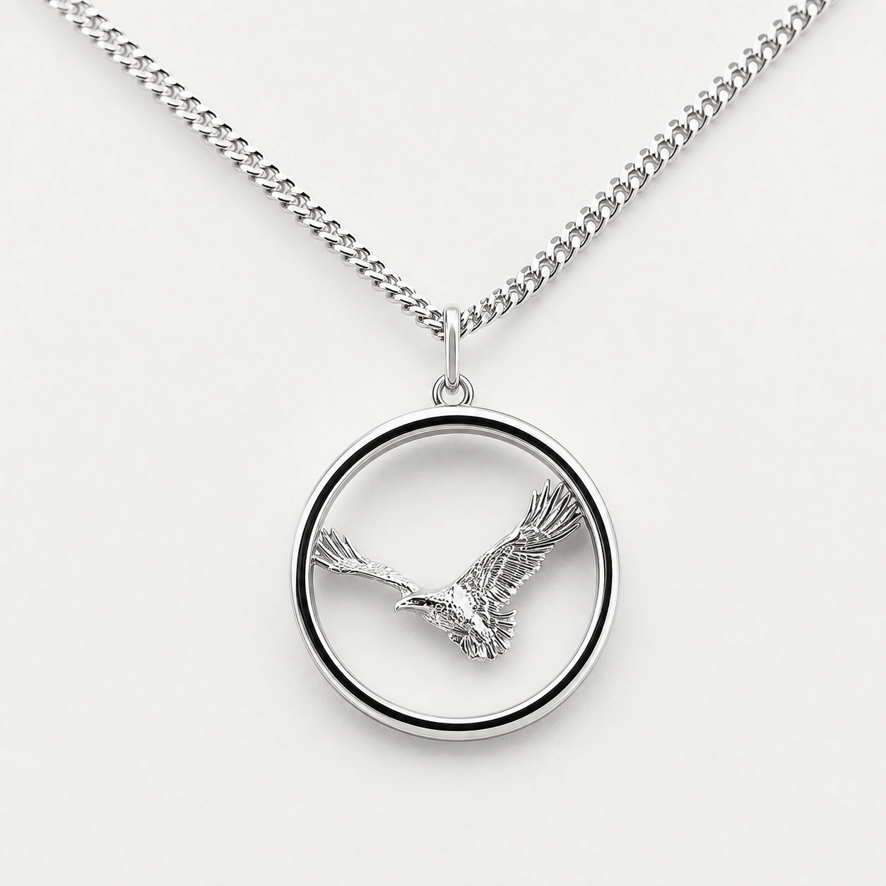Sterling Silver Large Eagle Pendant with 18″ Curb Link Chain