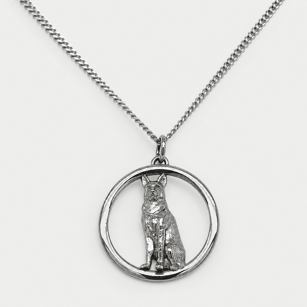Sterling Silver Large German Shepherd Pendant with 18″ Curb Link Chain