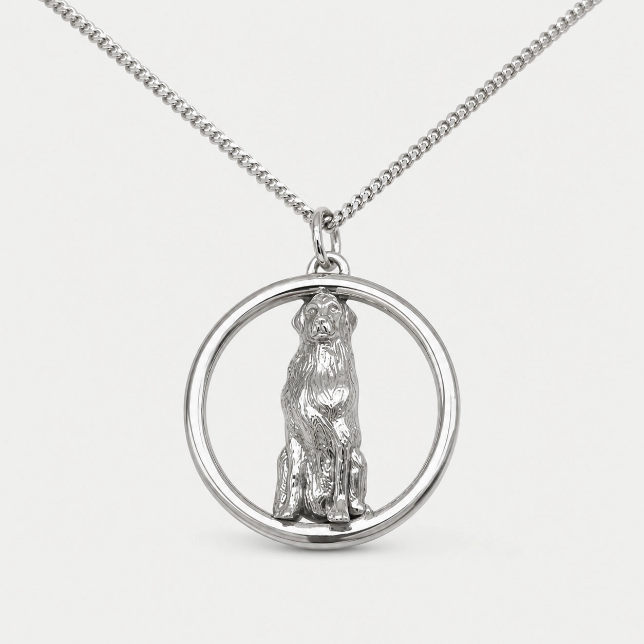 Sterling Silver Large Golden Retriever Pendant with 18″ Curb Link Chain