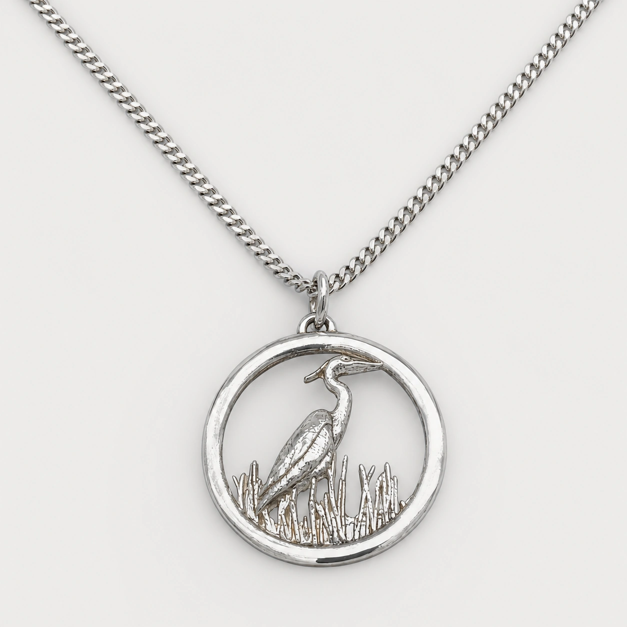 Sterling Silver Large Heron Pendant with 18″ Curb Link Chain