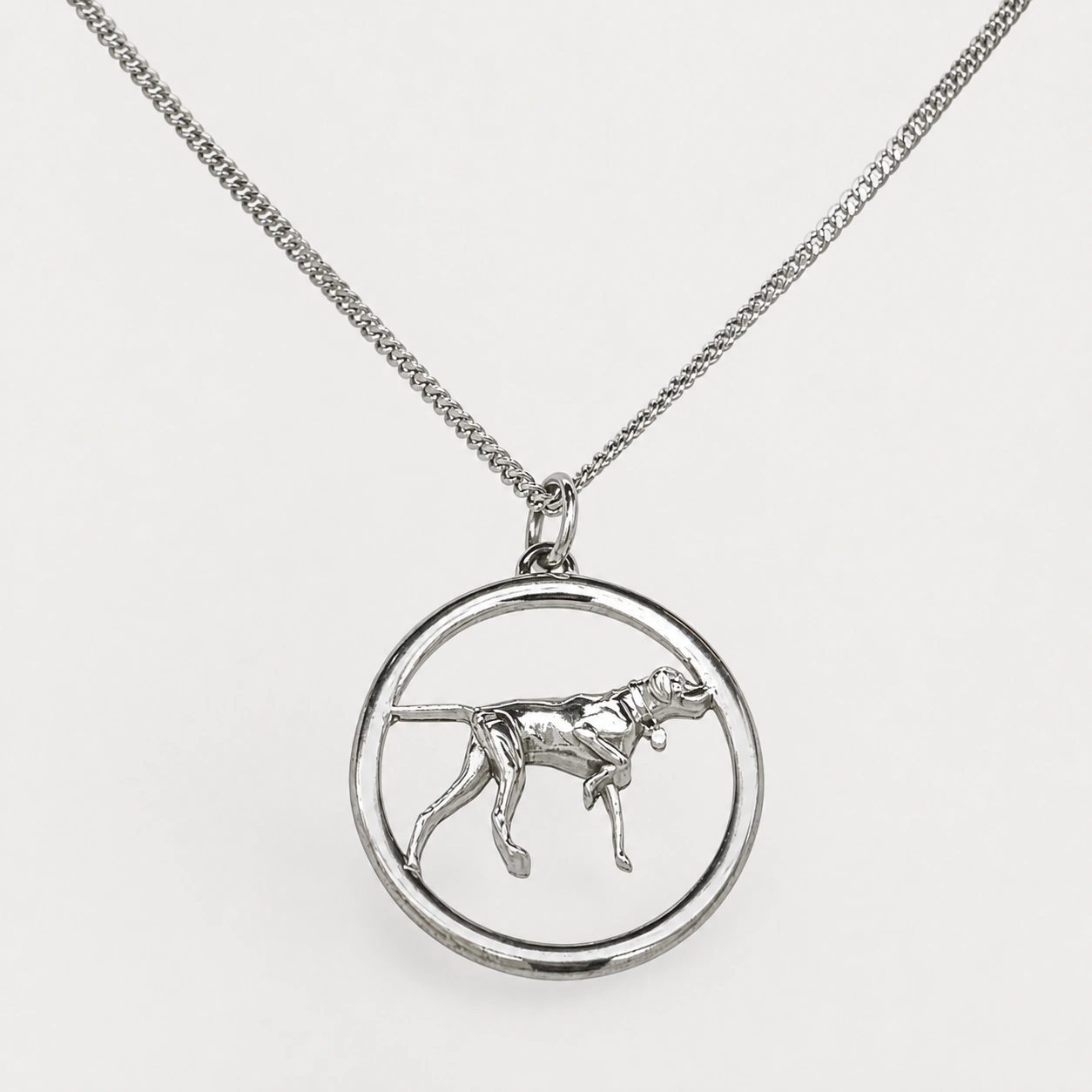Sterling Silver Large Pointer Dog Pendant with 18″ Curb Link Chain