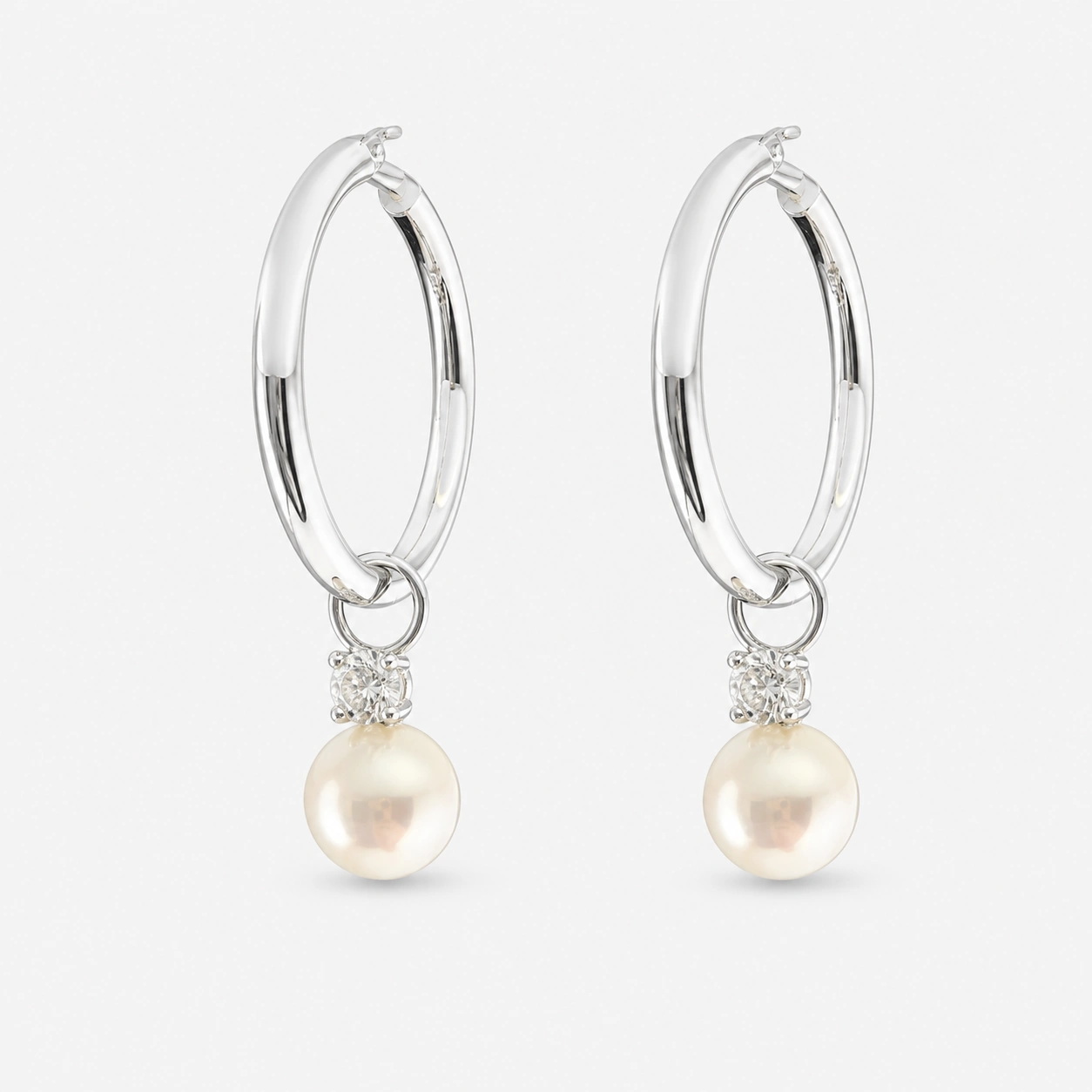 14K White Gold Hoop Earrings With Pearl Diamond Enhancers