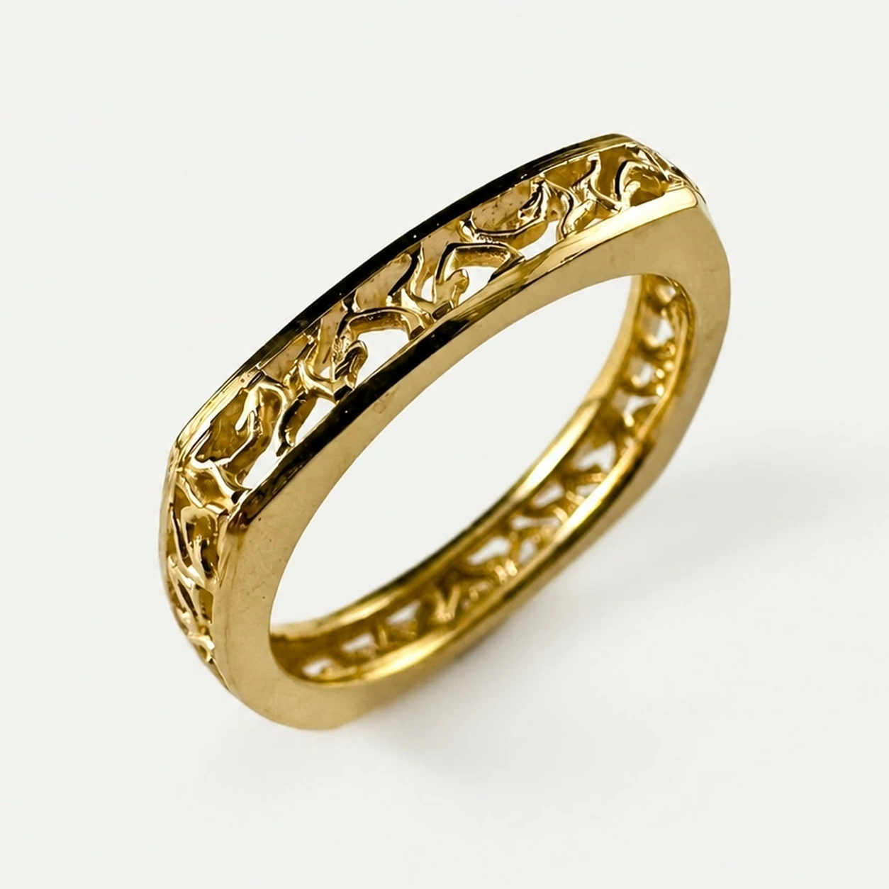 Gents 14K Yellow Gold Open Carved Soft Square Band