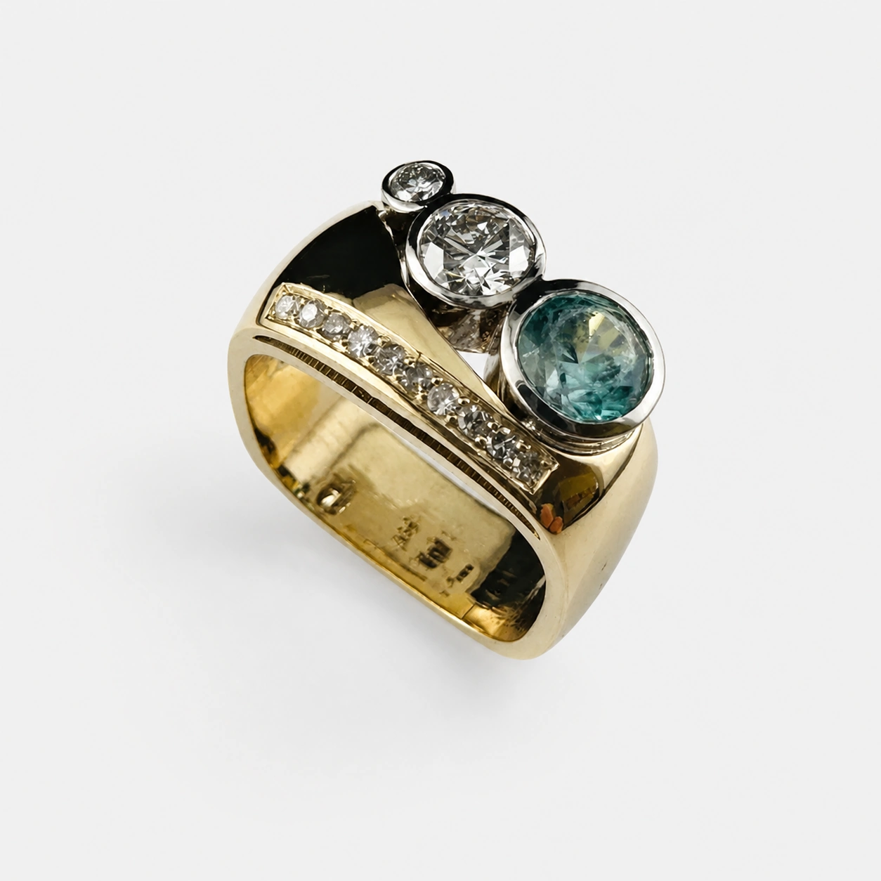 10K Yellow White Gold Diamond Blue Zircon Ring