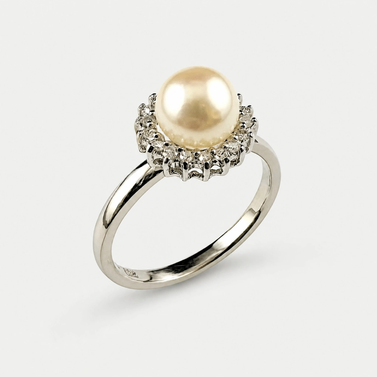 14K White Gold Pearl and Diamond Cluster Ring She Lost Her Pearl Earrings So We Turned The One Into A Ring
