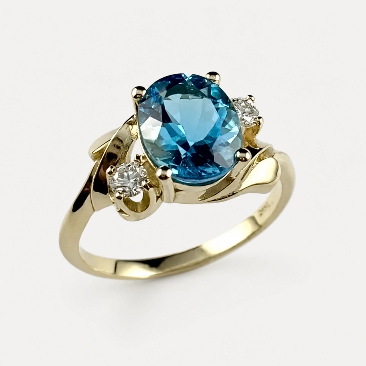 14K Yellow Gold Blue Topaz and Diamond Ring