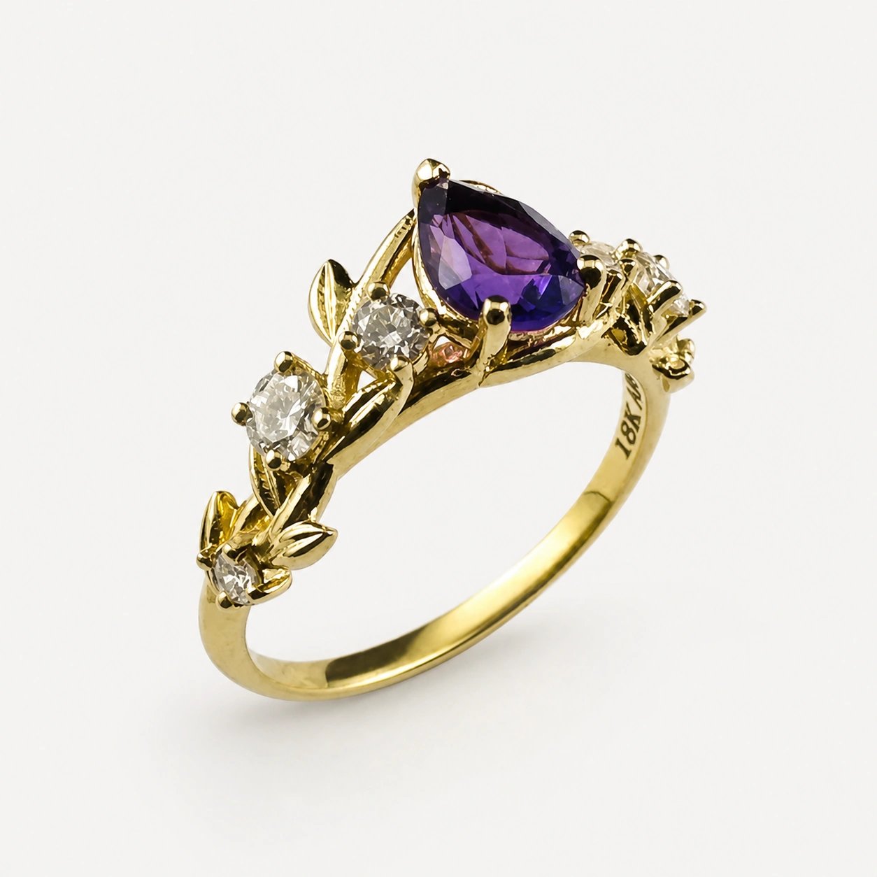 18K Yellow Gold Amethyst and Diamond Ring
