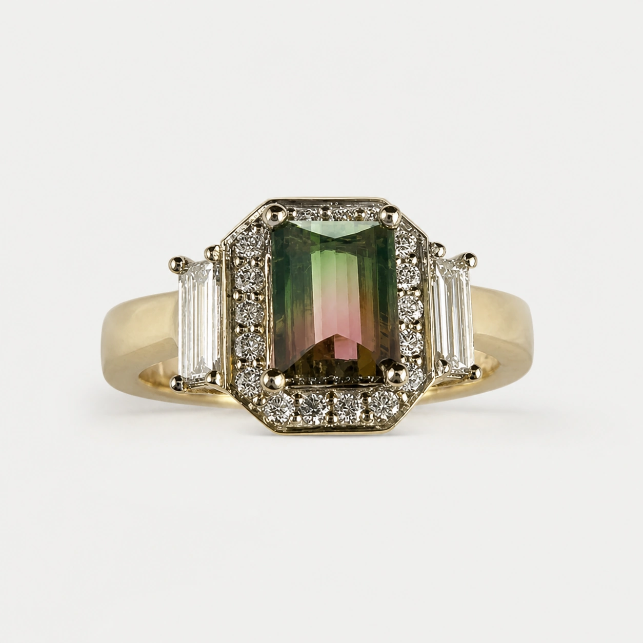 18K Yellow Gold Bi Colour Tourmaline 26 Diamond Ring