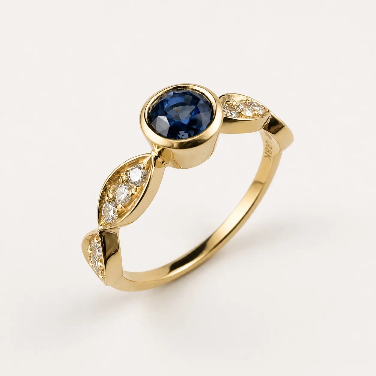 18K Yellow Gold Blue Sapphire Bezel and Diamond Ring