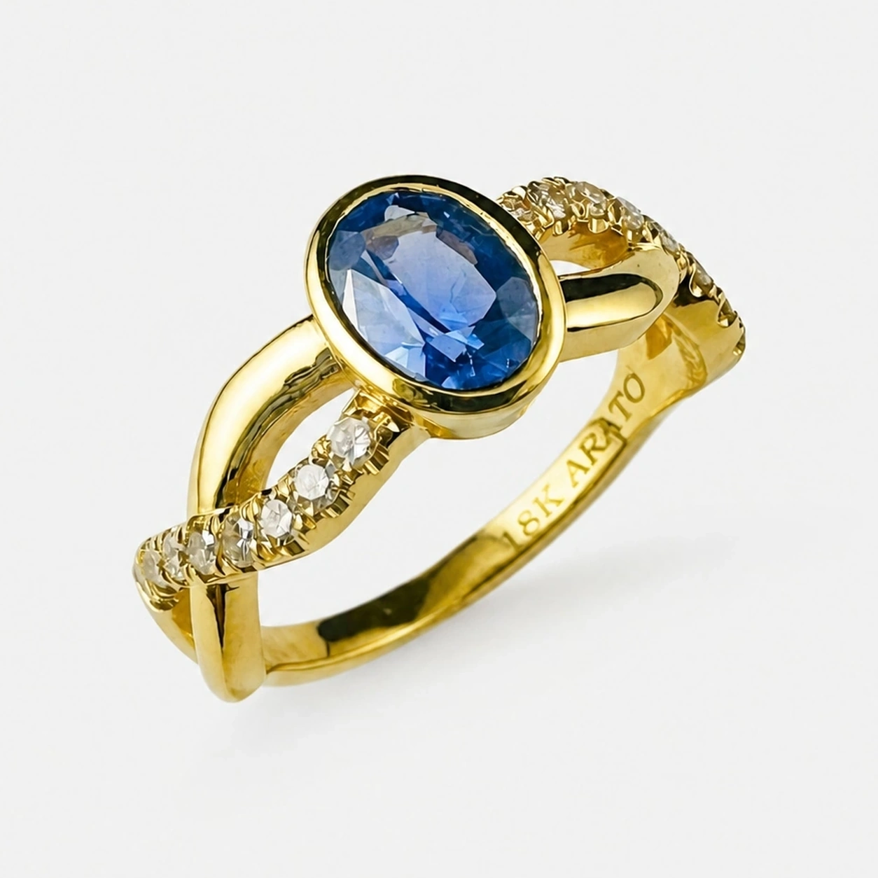 18K Yellow Gold Blue Sapphire and Diamond Ring Open Twisted Design