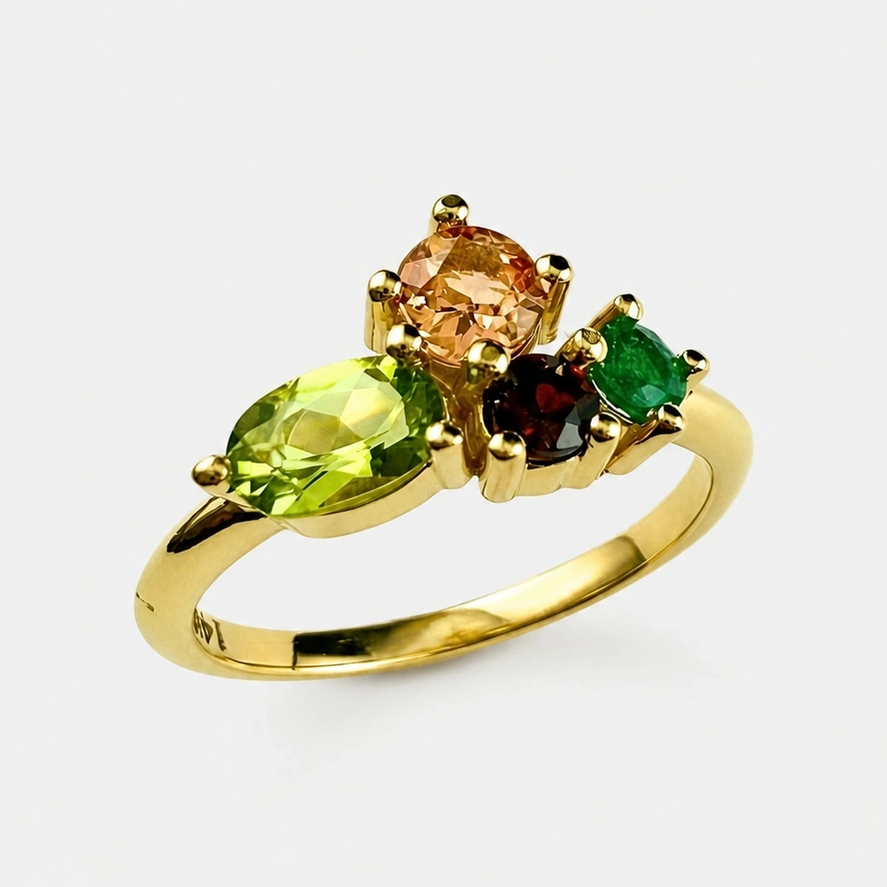 18K Yellow Gold Multi Stone Emerald Peridot Imperial Topaz and Garnet Ring