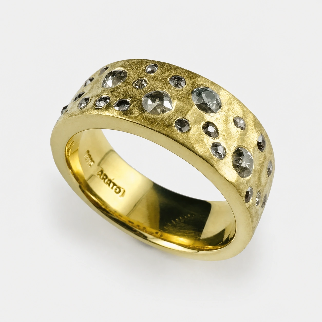 18K Yellow Gold Old Mine Cut Diamond Wide Ring 