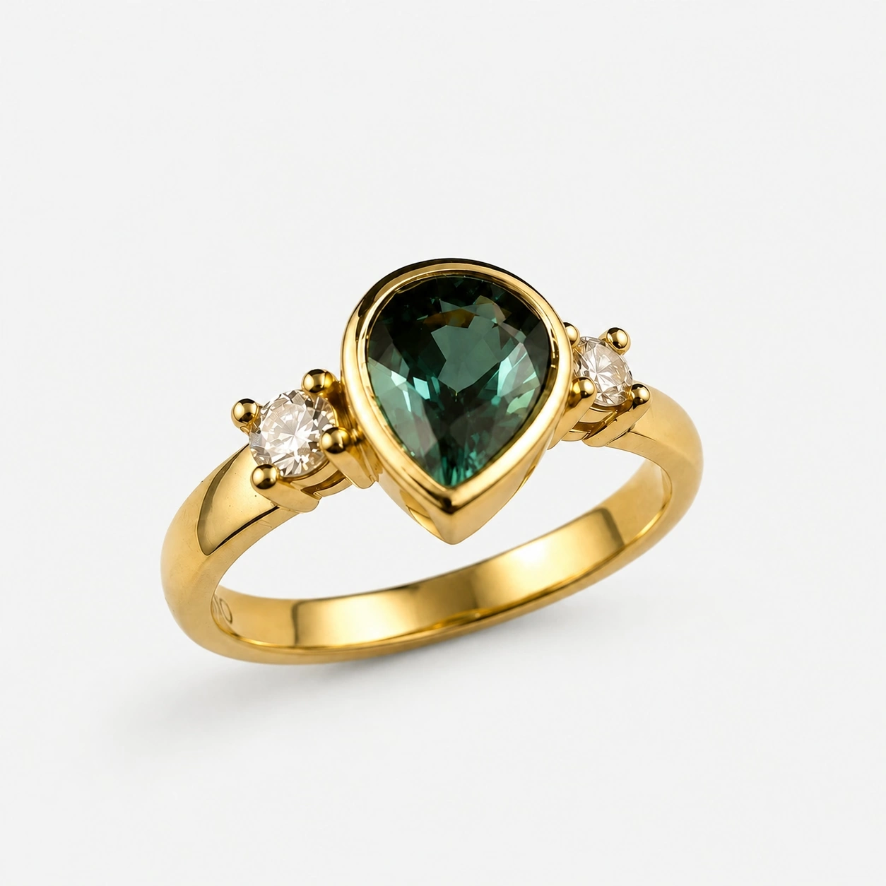 18K Yellow Gold Pear Shaped Green Sapphire and Diamond Ring