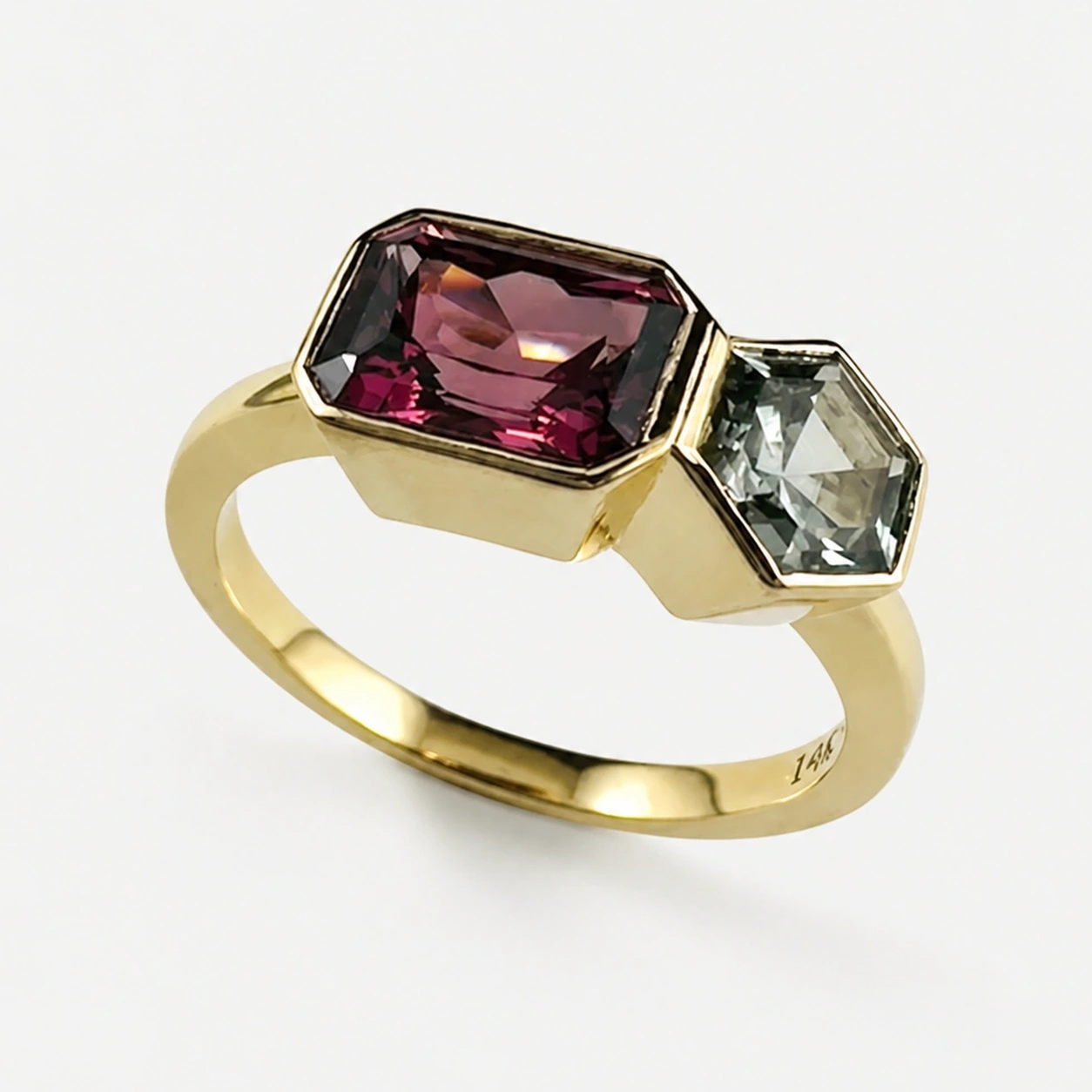 18K Yellow Gold Rhodolite Garnet and Hexagonal Cut Montana Green Sapphire