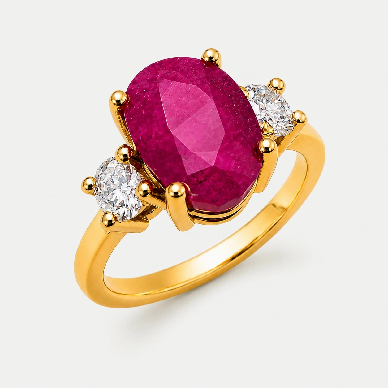 18K Yellow Gold Ruby and Diamond Ring With Oval Canadian Diamonds