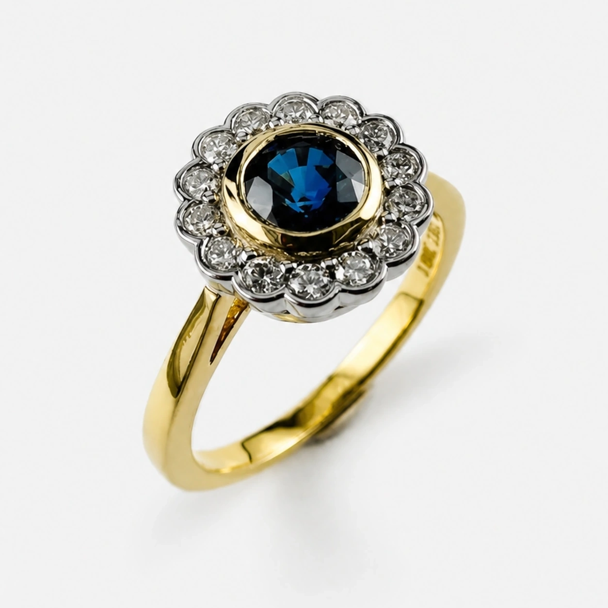 18K Yellow Gold Sapphire Diamond Halo Ring