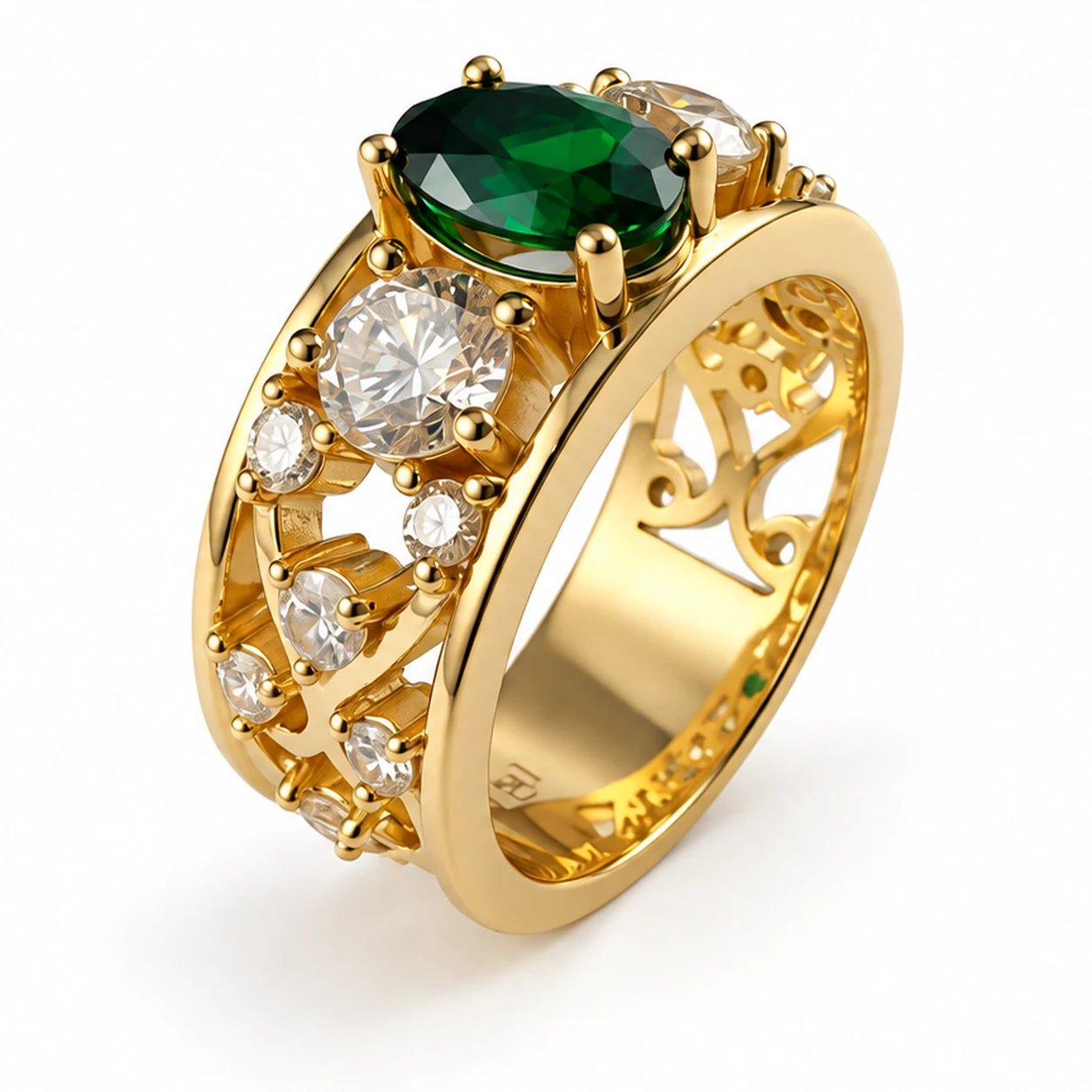 18K Yellow Gold Tsavorite Garnet and Diamond Filigree Ring