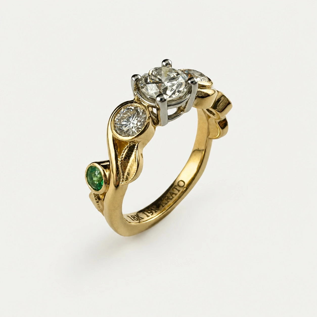 19K White 18K Yellow Gold Diamond and Emerald Ring