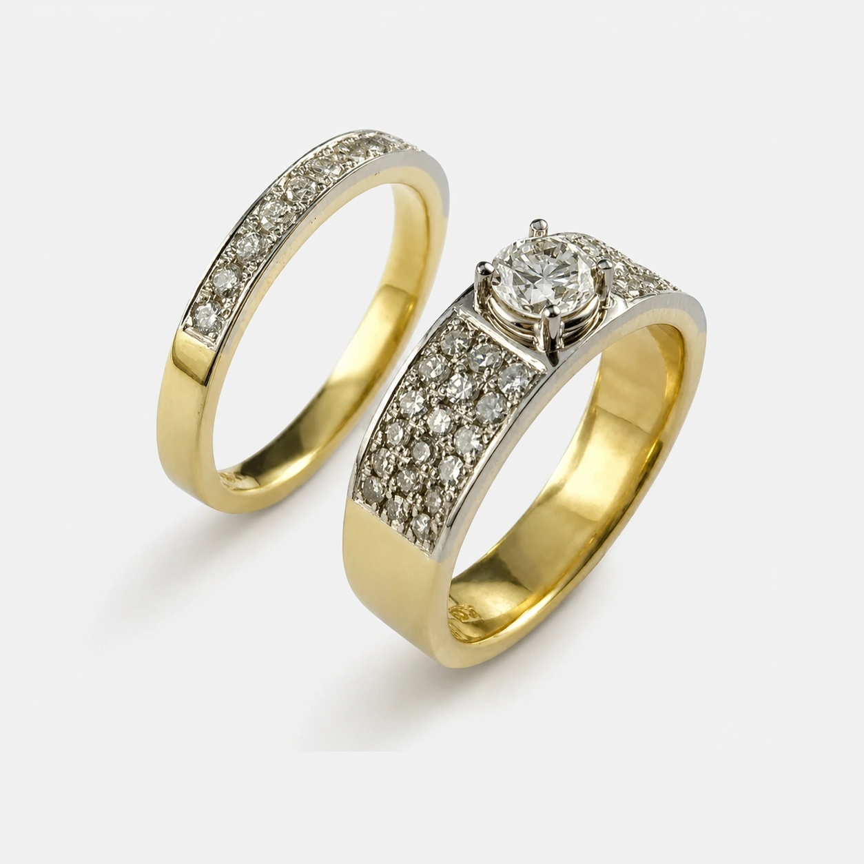 19K White and 18K Yellow Gold Diamond Ring and Matching Pave Band