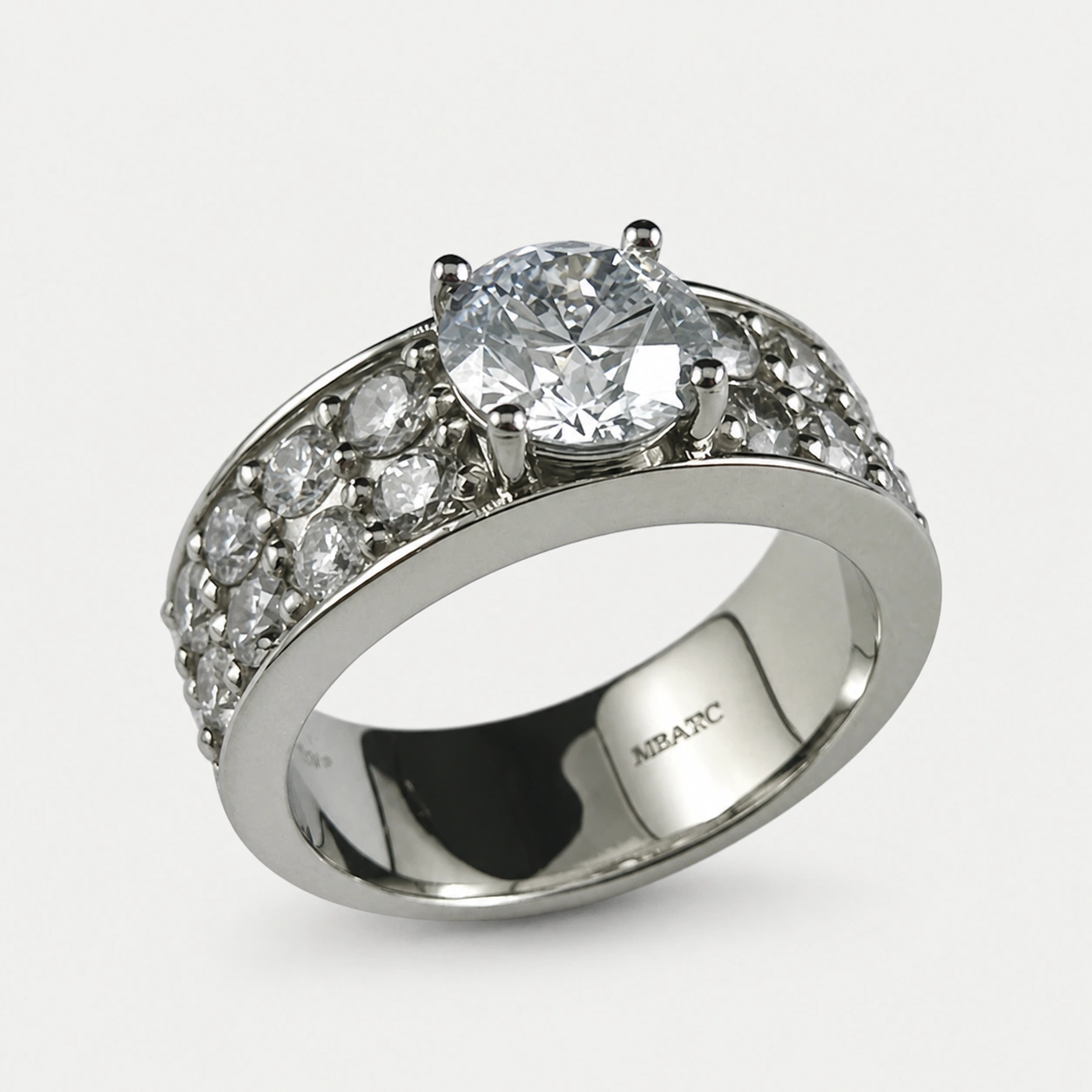 19K White Gold Diamond Ring Center Diamond With Double Row Pave Shoulders