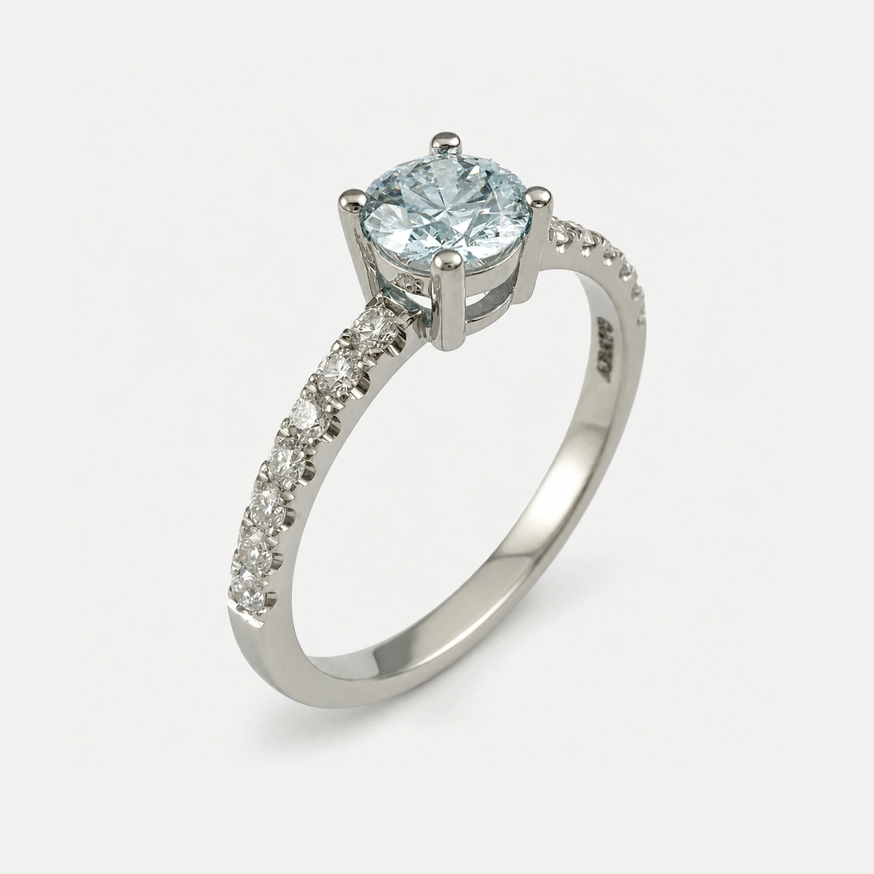 19K White Gold Diamond Ring Center Diamond With Pave Shoulders