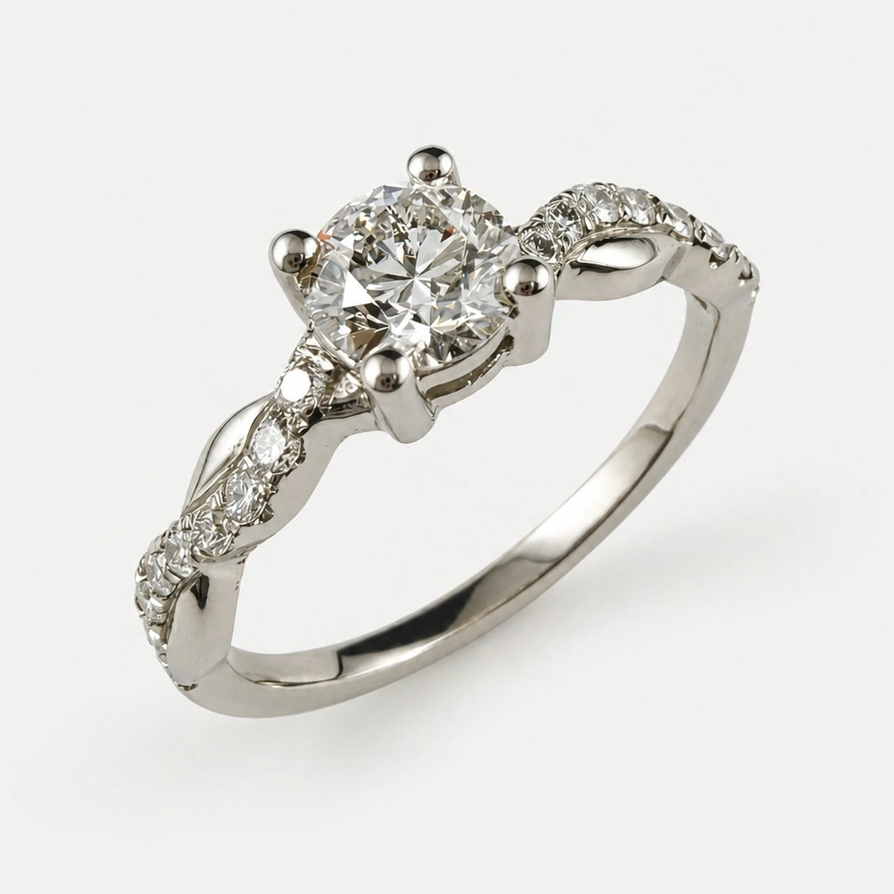19K White Gold Diamond Ring With Twisted Shoulder