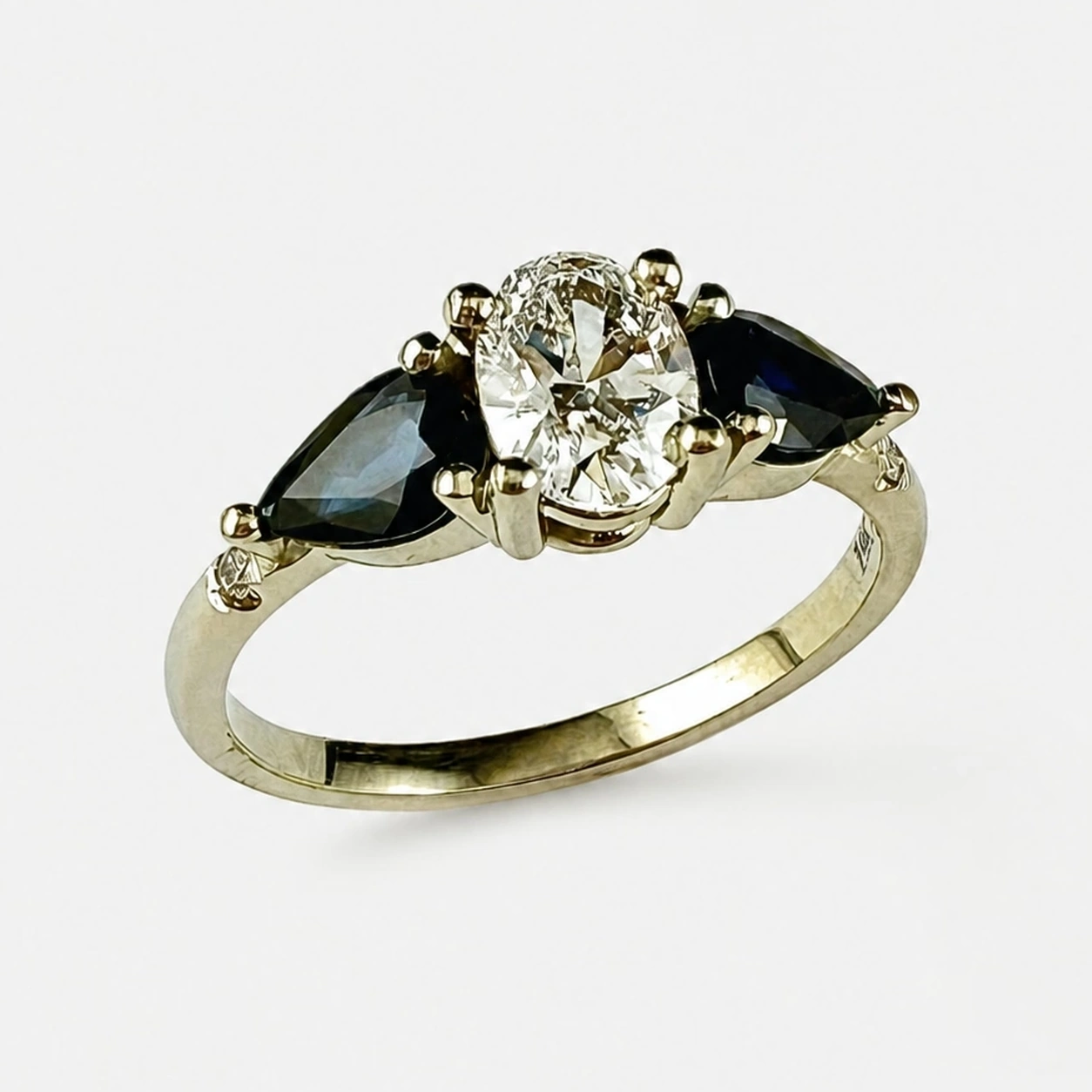 19K White Gold Oval Lab Created Diamond and Pear Shaped Blue Sapphire Ring