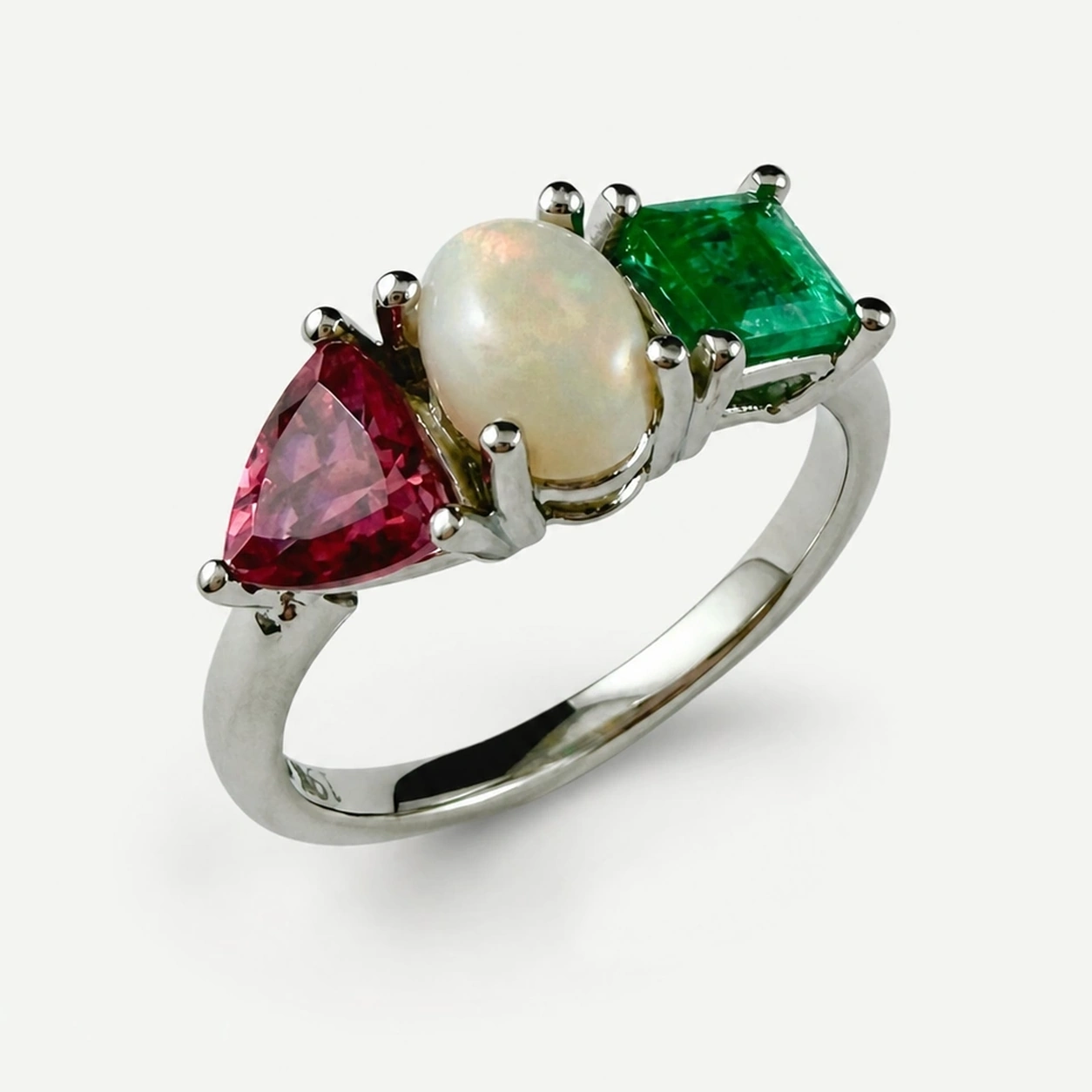 19K White Gold Pink Tourmaline Opal and Emerald Ring