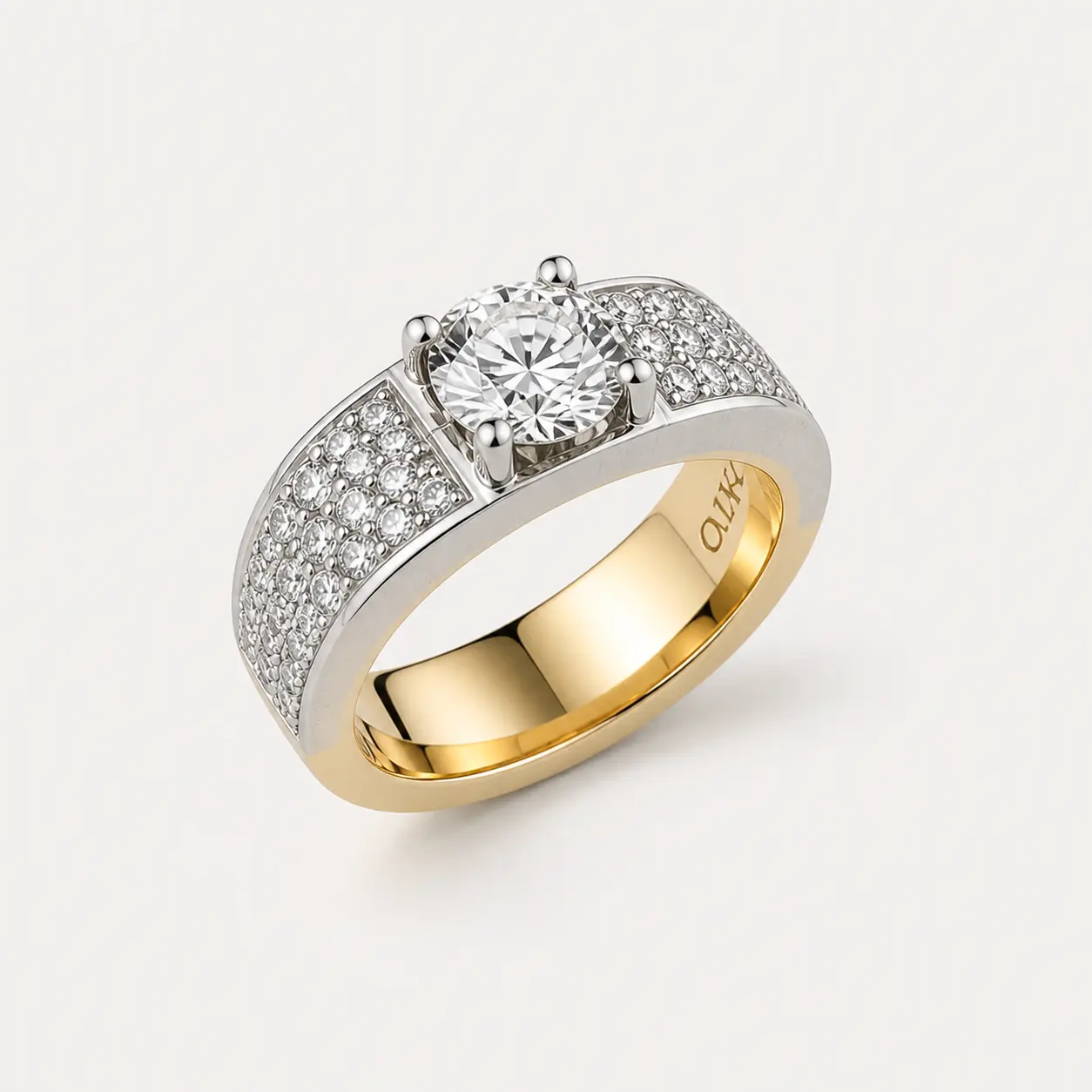 19K White and 18K Yellow Gold Diamond Ring With Pave Shoulders