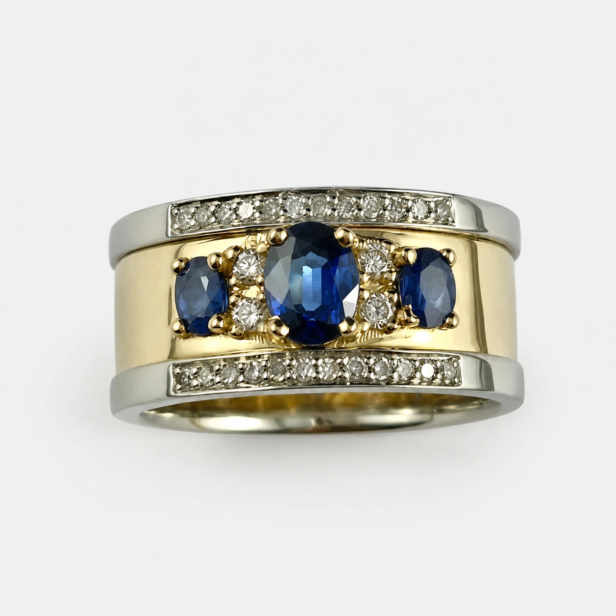 Custom Made 19K White 18K Yellow Gold Sapphire Diamond Ring