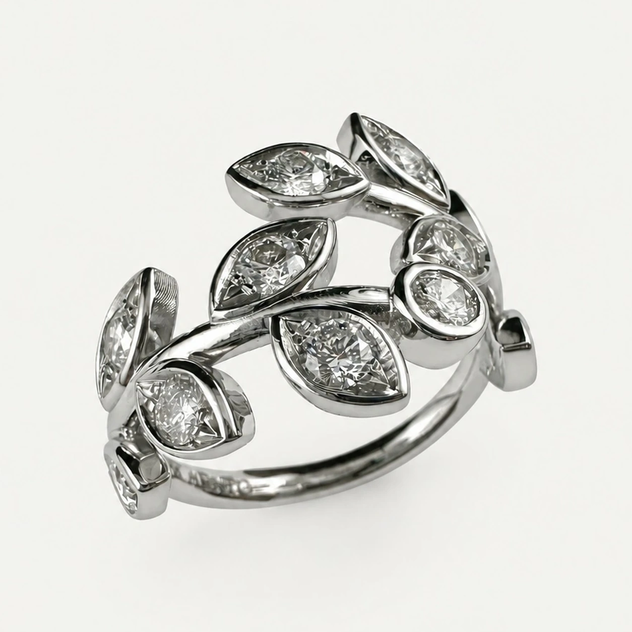 Open Carved White Gold Diamond Leaf Ring