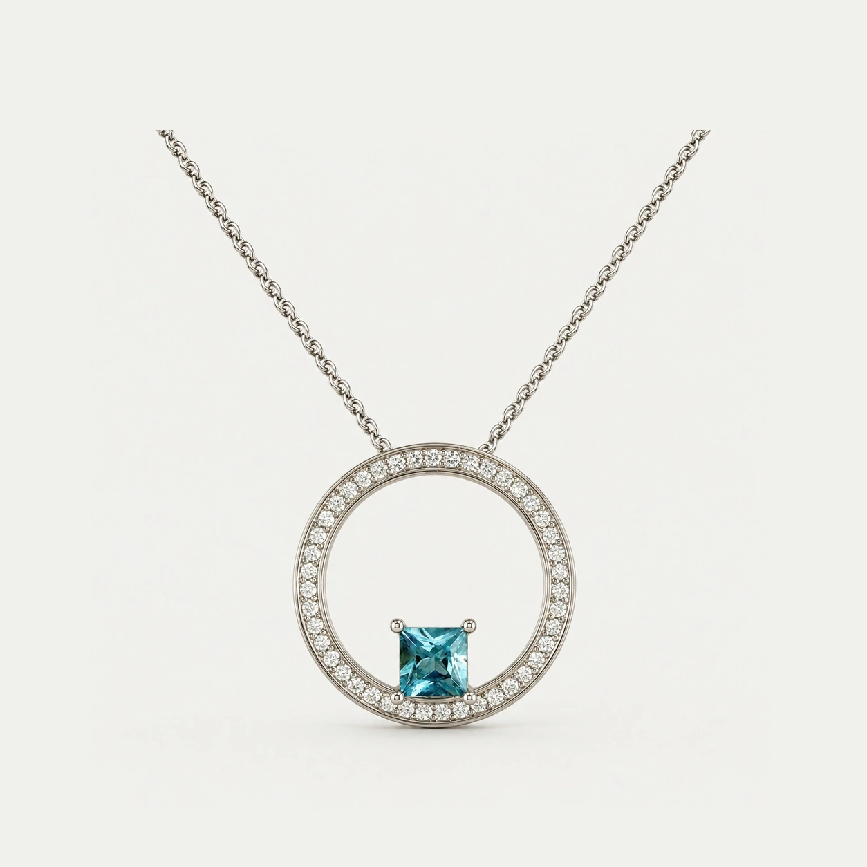 14K White Gold Diamond Eternity and Aquamarine Pendant