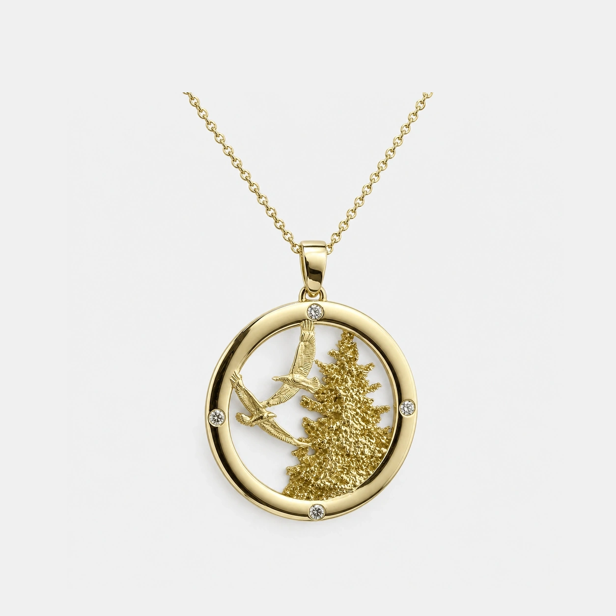 18K Yellow Gold Eagles and Tree Diamond Pendant