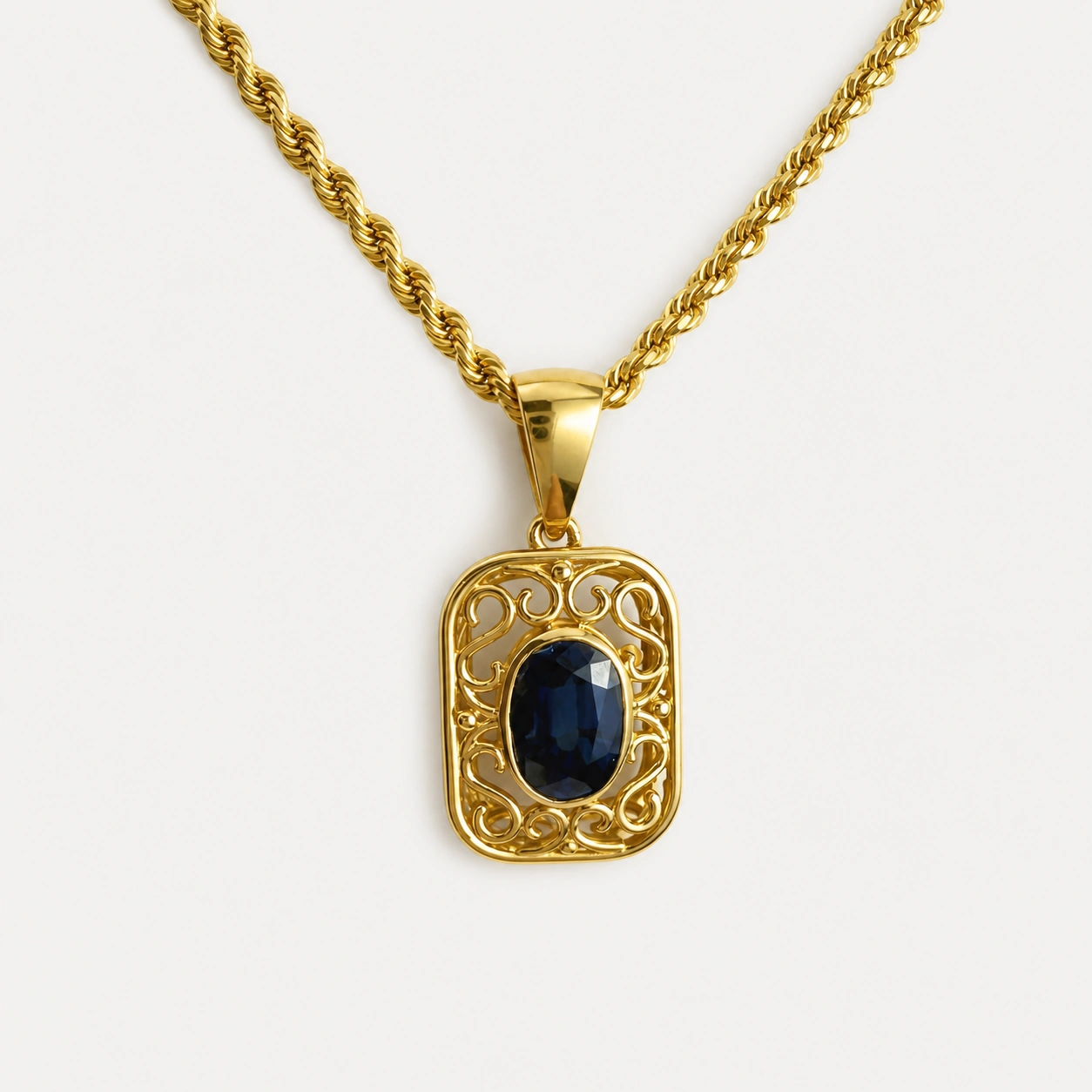 18K Yellow Gold Open Carved Blue Sapphire Pendant
