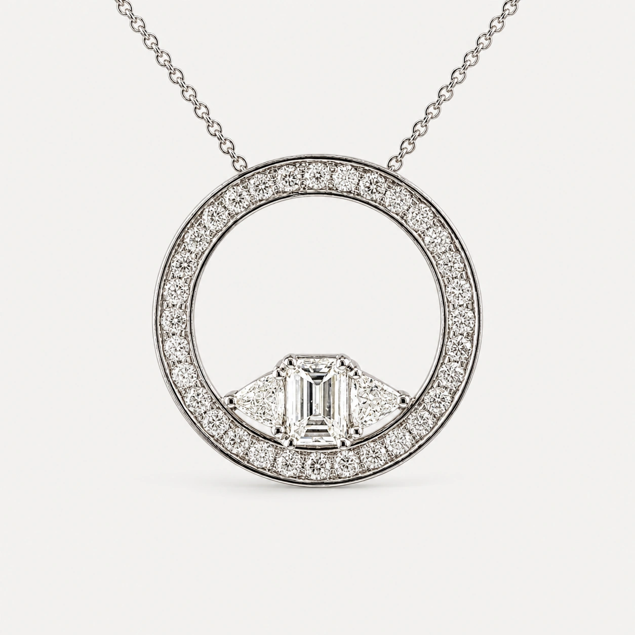 19K White Gold Diamond Eternity Pendant With Customers Trilliion and Emerald Cut Diamonds In The Center
