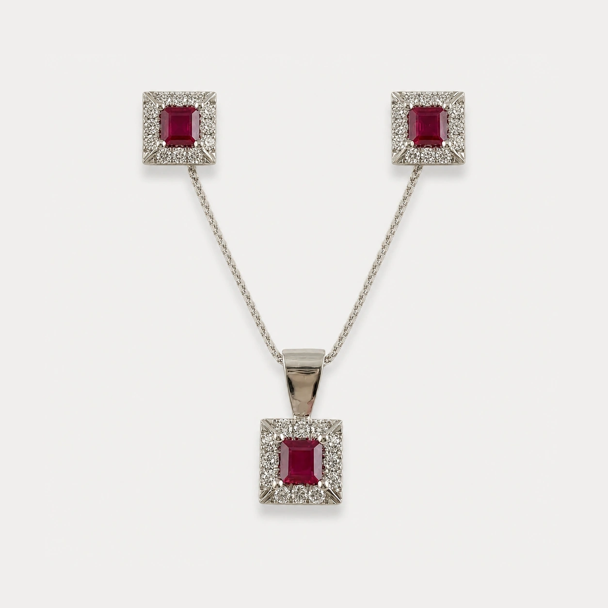 19K White Gold Diamond and Ruby Earring and Pendant Set E1742684291878