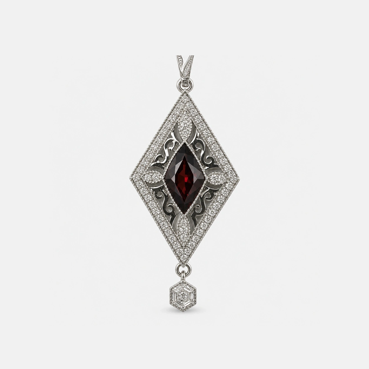 19K White Gold Red Spinel Diamond Filligree Pendant