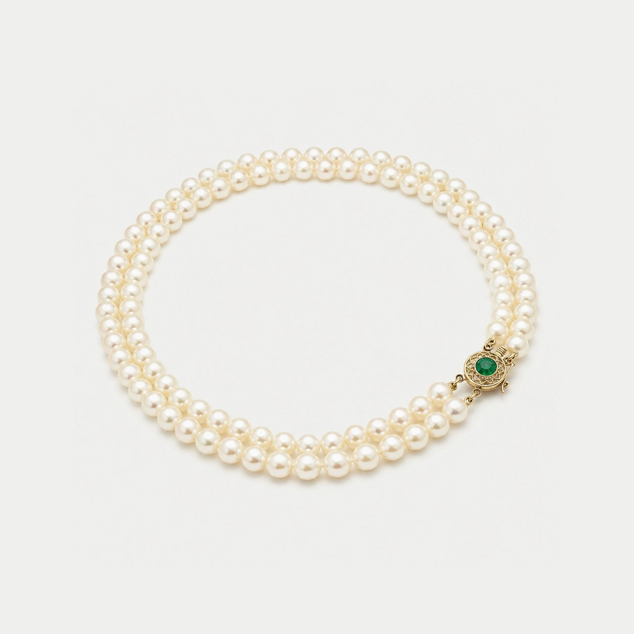 Double Strand Pearl Necklace With 14K Yellow Gold Emerald Clasp