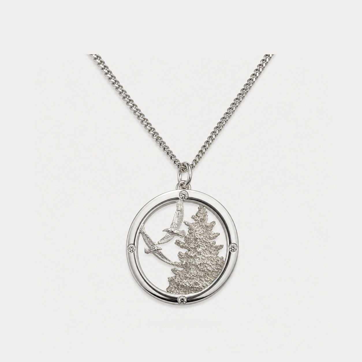 Sterling Silver Eagles and Tree Diamond Pendant