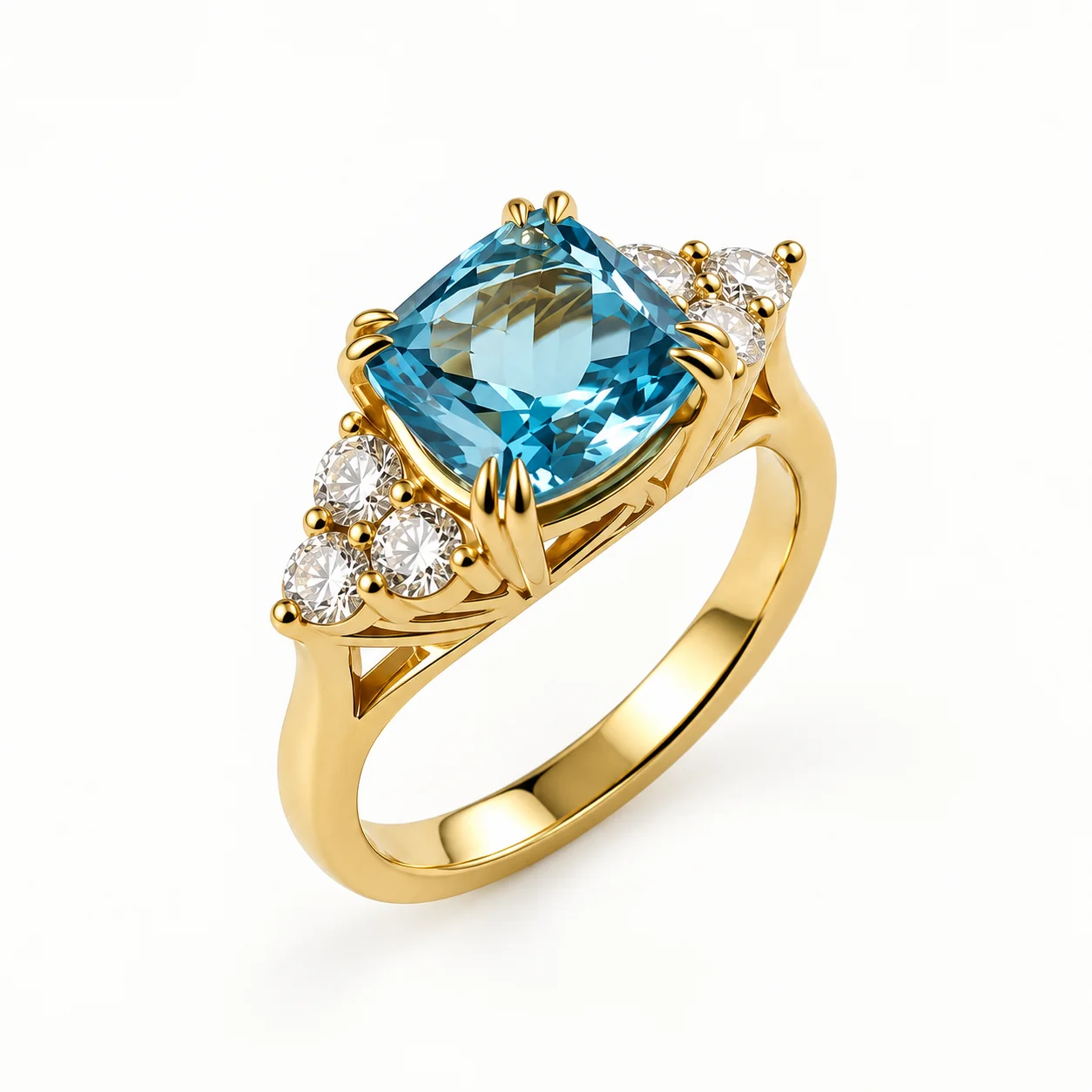 18K Yellow Gold Aquamarine and Lab Created Diamond Ring