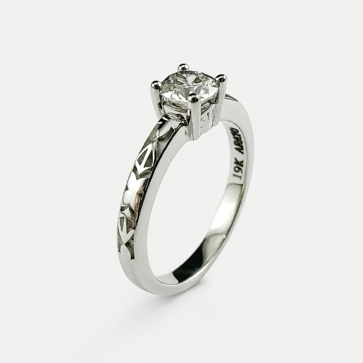 19K White Gold Diamond Engagement Ring With Carved Detail