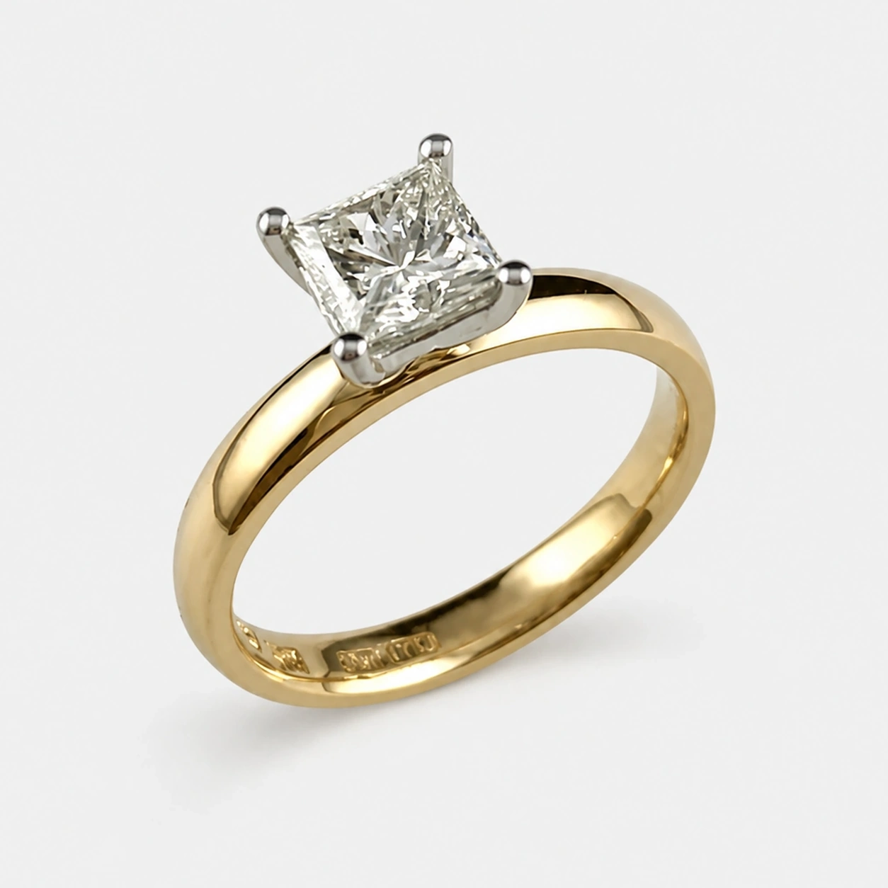 19K White and 18K Yellow Gold Princess Cut Diamond Solitaire Ring