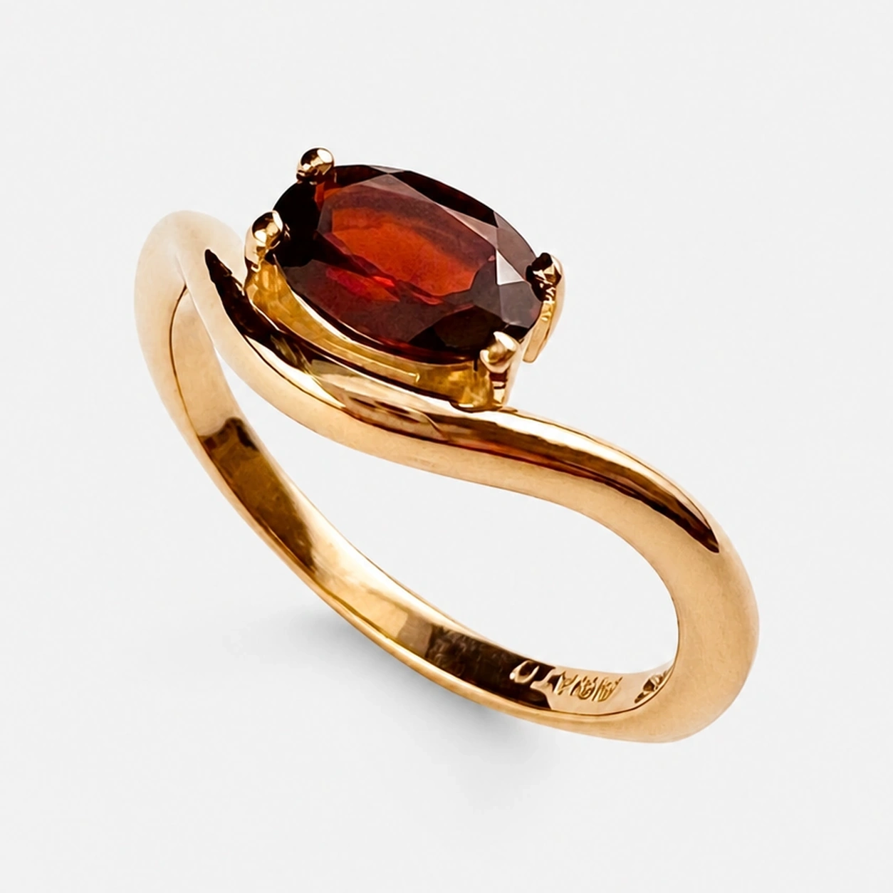 Yellow Gold Red Garnet Wave Design Solitaire