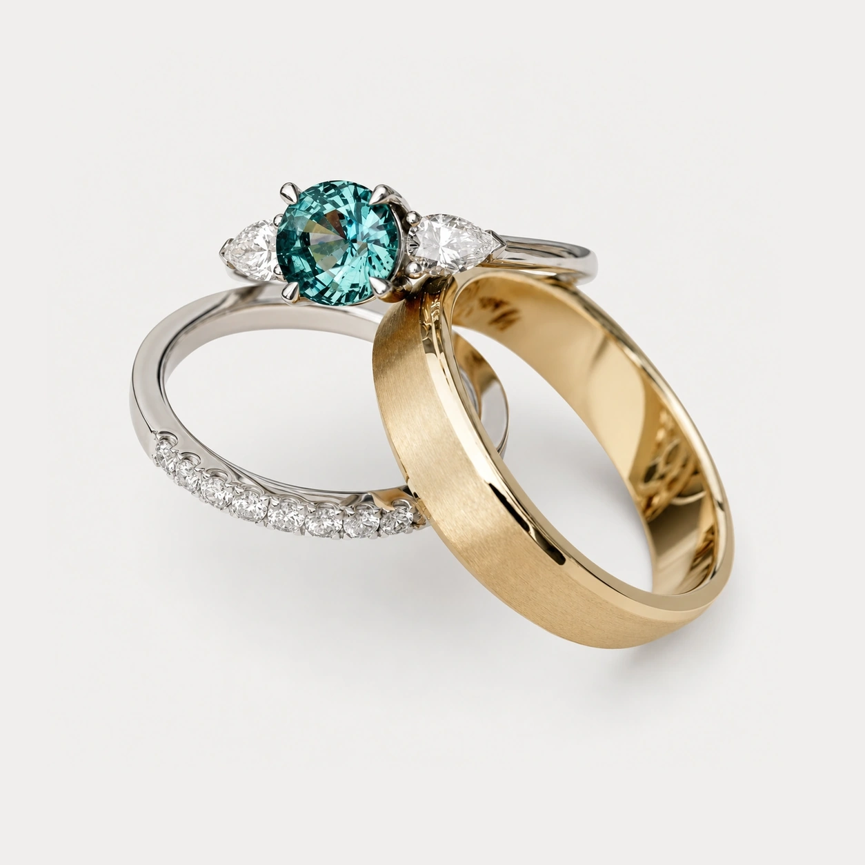 19K White Gold Montana Teal Coloured Sapphire and Diamond Ring With A Matching 19K White Gold Diamond Band 14K Yellow Gold With A Brushed Finished Wedding Band 3 1