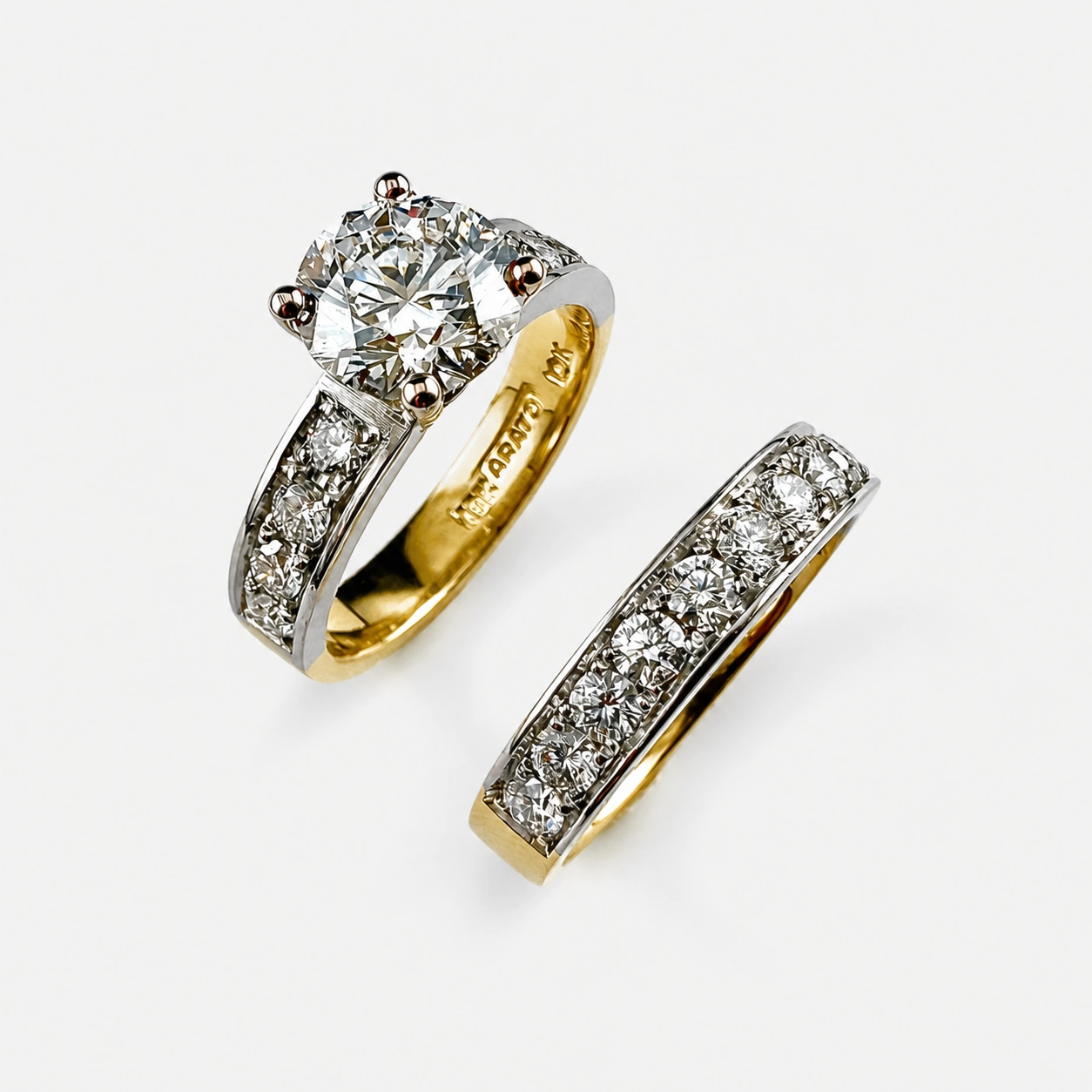 19K White and 18K Yellow Gold Natural Diamond and Lab Created Diamond Wedding Set